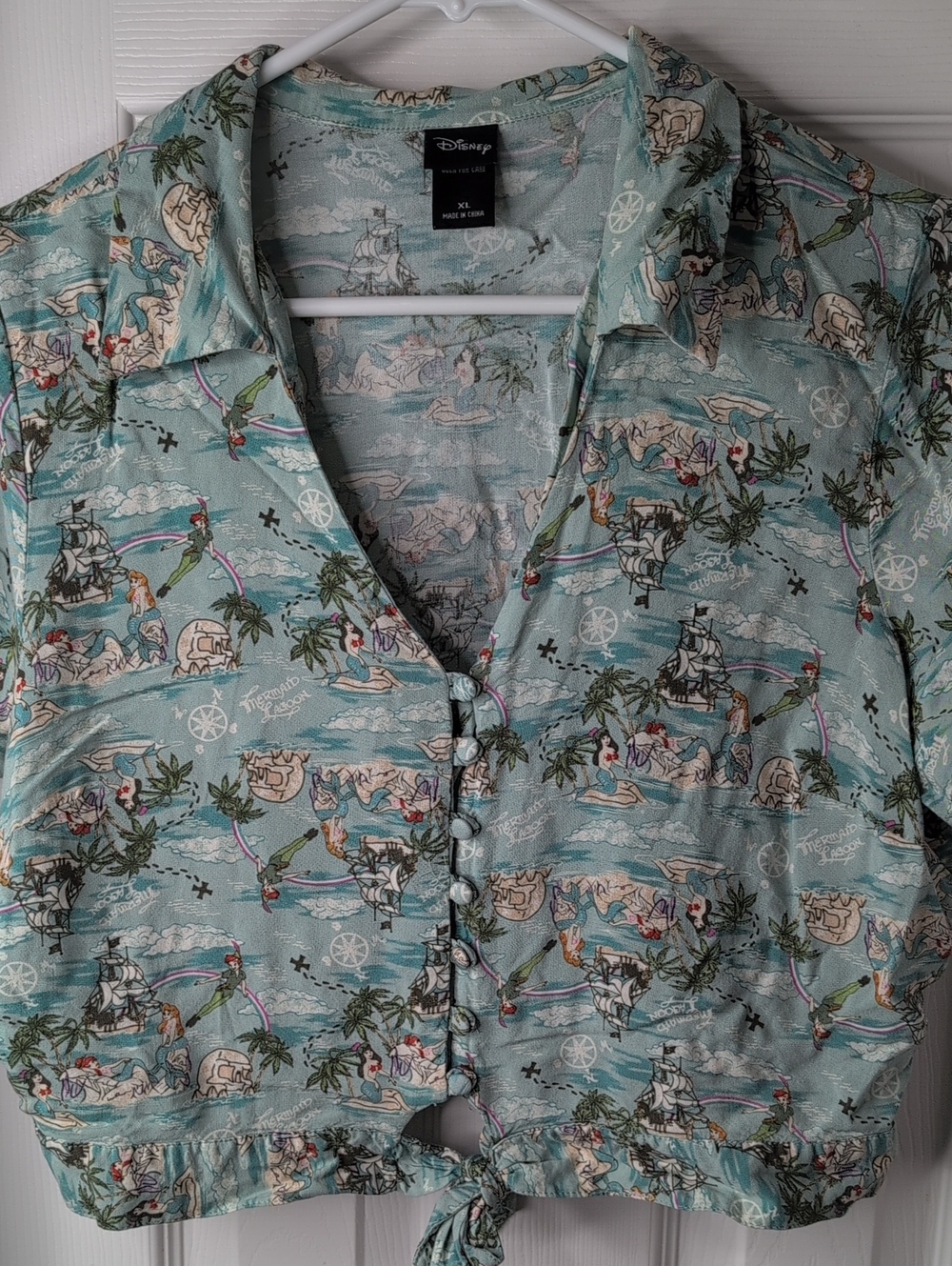 Disney Seafoam Mermaid Tropical Print Rayon Cropped Button-Up Top Size XL
